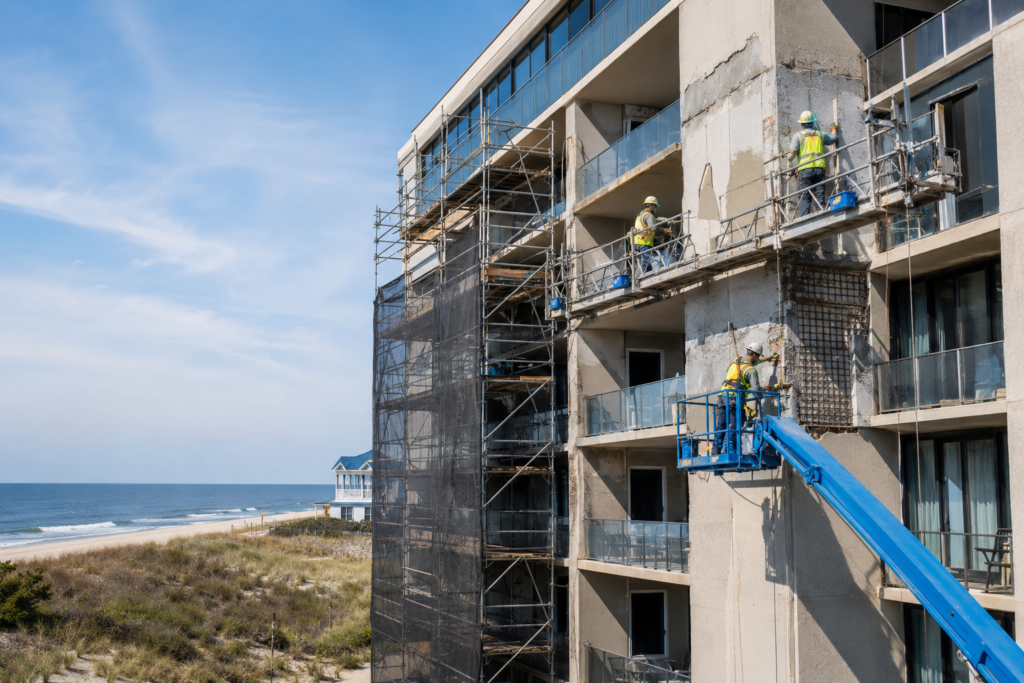 Workers restoring concrete balconies and the façade of a Jersey Shore condominium