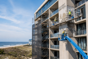 Workers restoring concrete balconies and the façade of a Jersey Shore condominium