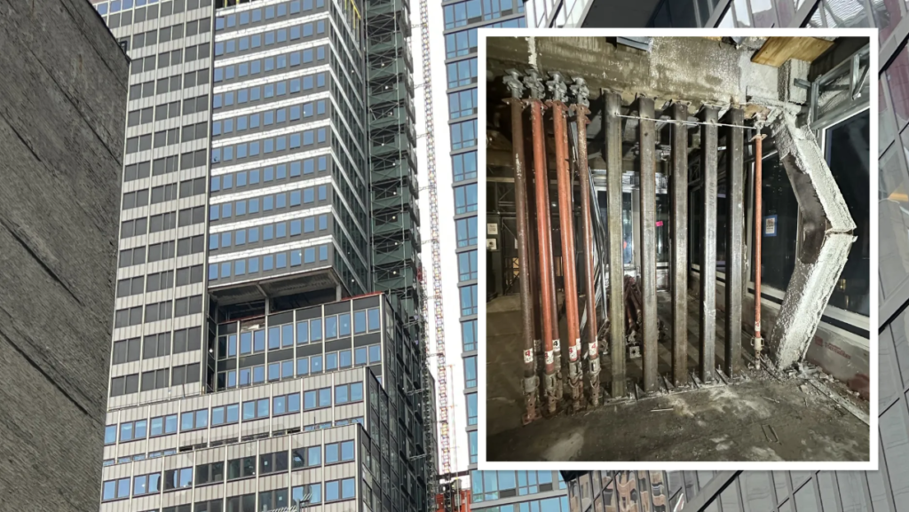 Emergency structural shoring installed after buckled steel columns were discovered in a Manhattan high-rise undergoing renovation